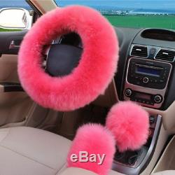 Car Seat Cover Plush Fur Steering Wheel Brake Gear Knob Cover Pink Set Fluffy